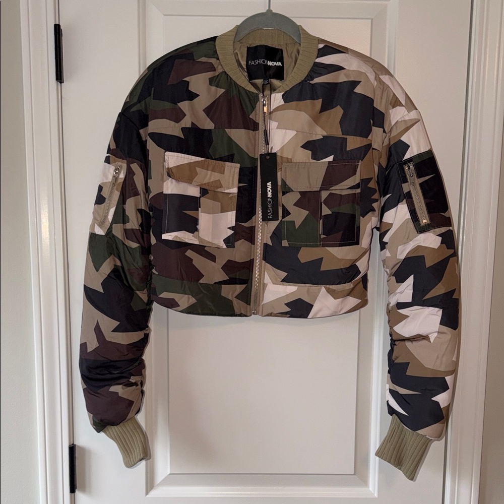 Fashion Nova Cropped Camo Bomber Jacket - Olive/Brown/Tan